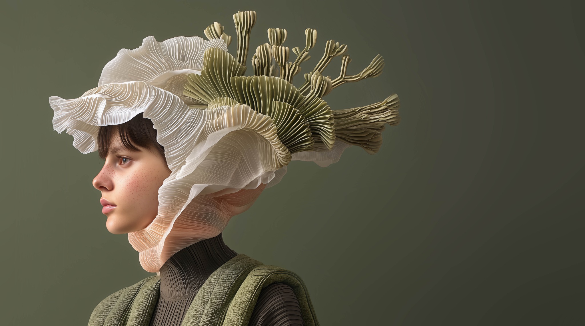 Editorial side-profile portrait with an oversized pleated botanical headpiece